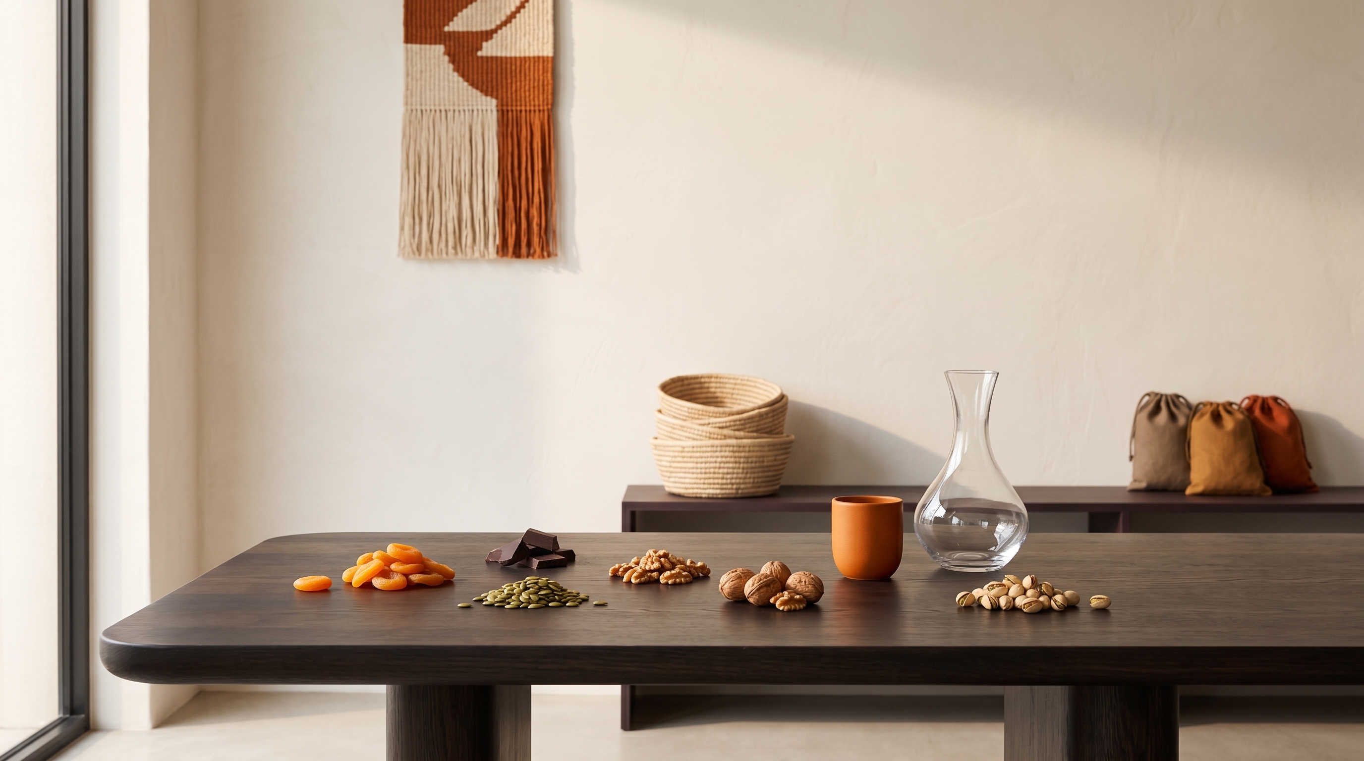 Editorial wide-angle interior of a tasting-room counter with neutral linen, a small bowl of trail mix beside a stemmed wine glass, and warm directional natural light — no people, no logos.